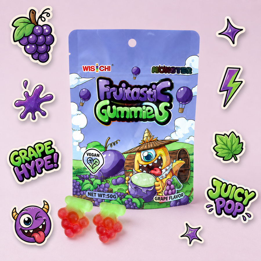 Wisichi Monster Fruitastic Gummies grape flavor in a stand-up pouch, shown with three loose gummy candies in front on a light pink background with decorative sticker graphics around it.