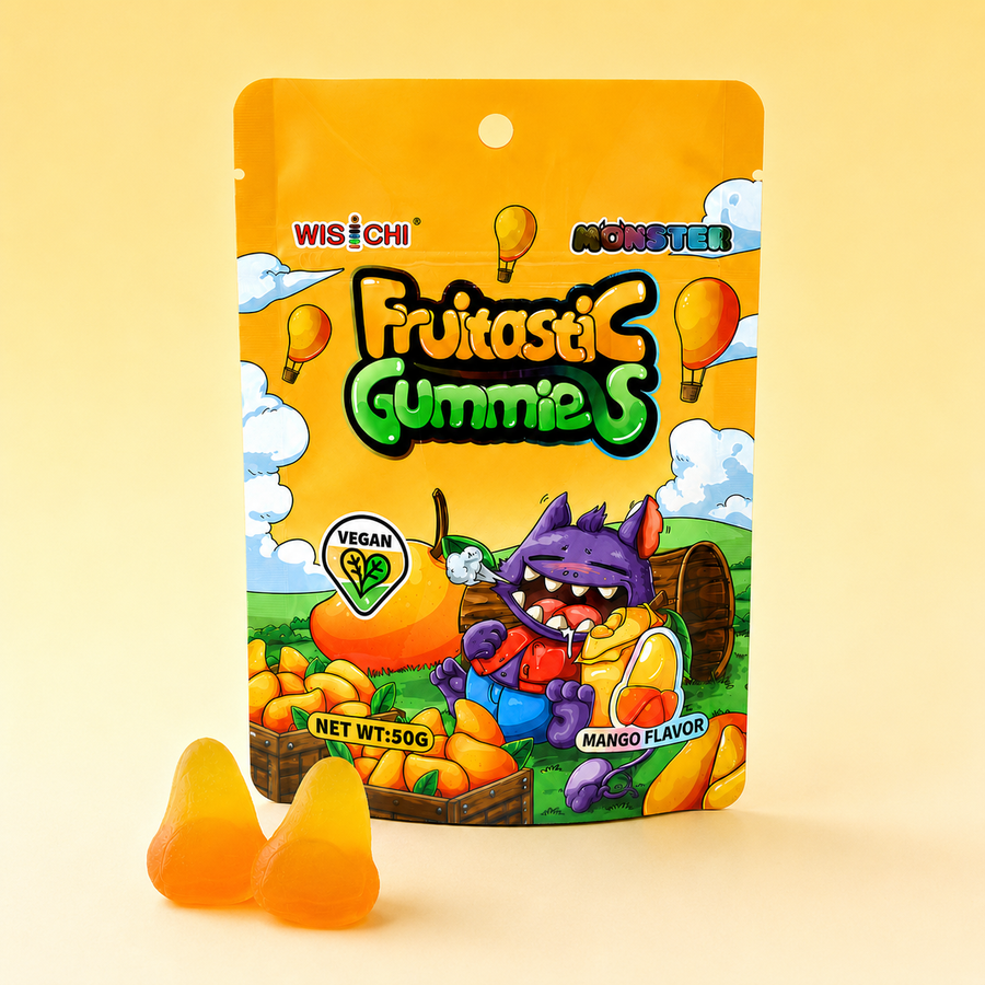 A stand-up pouch of Wisichi Monster Fruitasti Gummies, mango flavor, with two orange-yellow gummy candies placed in front on a pale yellow background. The package features colorful cartoon artwork with a purple monster, hot air balloons, and fruit illustrations.