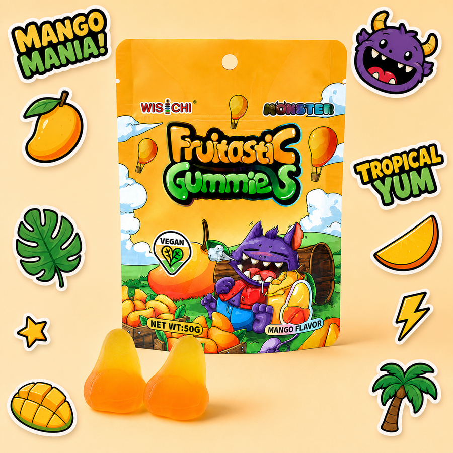 A bag of Wisichi Monster Fruitastic Gummies, Mango Flavor, displayed with two orange-yellow gummy candies in front. The packaging features a cartoon purple monster and is surrounded by decorative stickers including a mango, palm tree, lightning bolt, and 'Mango Mania!' text on a light beige background.