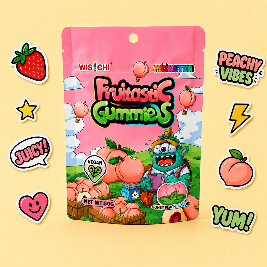 A pink bag of Wischi Monster Fruitastic Gummies displayed on a pale yellow background with decorative sticker graphics around it. The bag features colorful cartoon graphics of a green monster, peaches, and clouds, with text including 'Fruitastic Gummies', 'Vegan', and 'Honey Peach Flavor'.