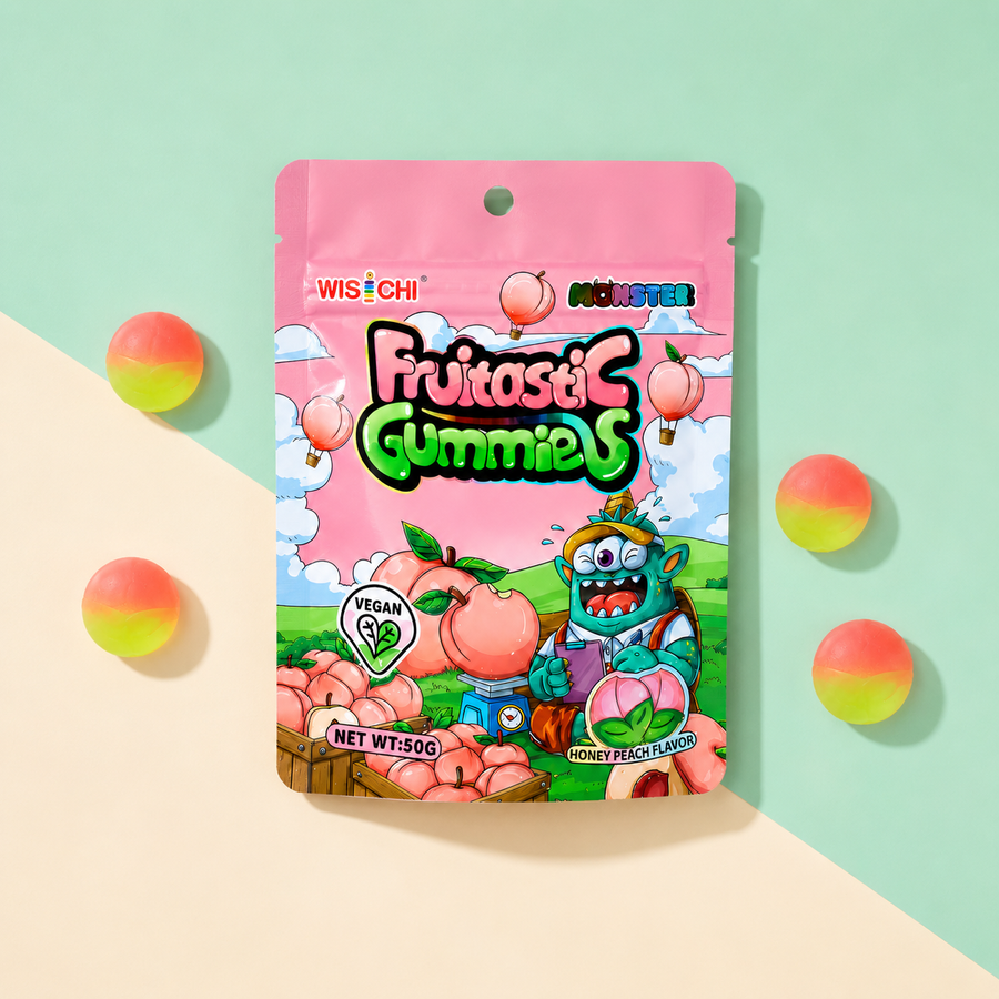 A pink bag of Wiseci Fruitastic Gummies candy is displayed on a diagonally split mint green and beige background, surrounded by several peach and pink gradient gummy candies. The packaging features a colorful cartoon monster and fruit illustrations.