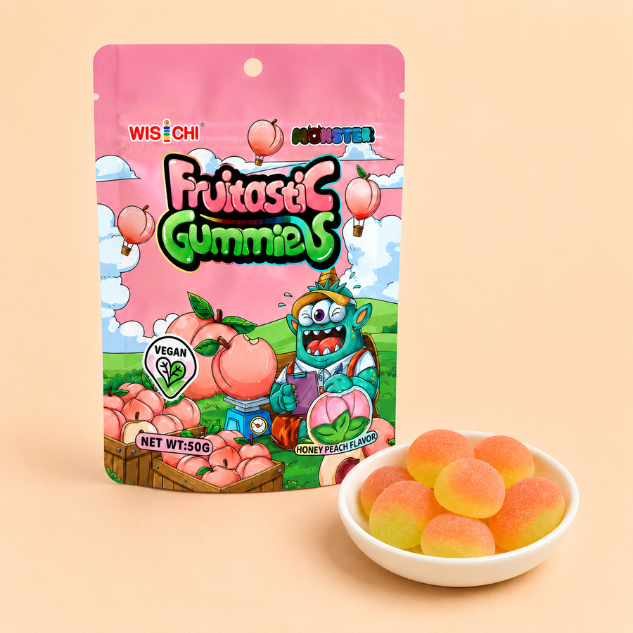 A pink stand-up pouch of Wisichi Fruitasi Gummies next to a small white bowl filled with peach-colored gummy candies, set against a solid pale peach background.