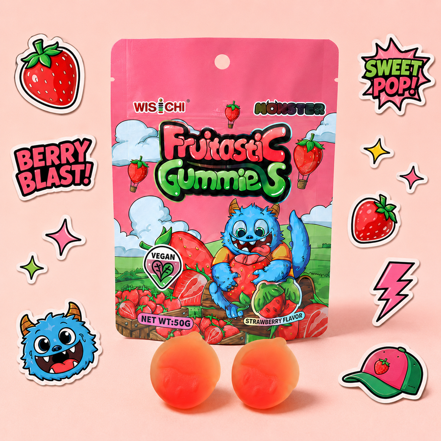 A pink stand-up pouch of Wischi Fruitastic Gummies strawberry flavor, displayed with two orange-red gummy candies in front and several colorful fruit and monster-themed sticker graphics on a pale pink background.