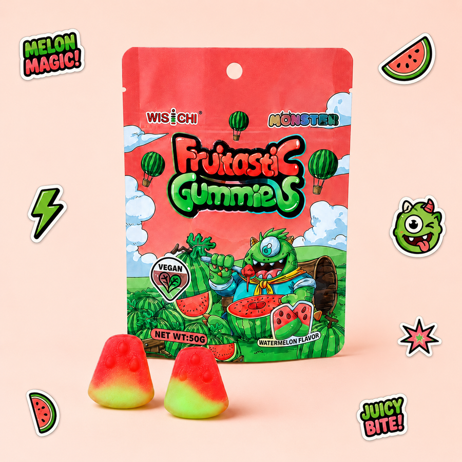 A package of Wisichi Fruitasi Gummies with two watermelon-flavored gummies in front, set against a light pink background with watermelon-themed stickers.