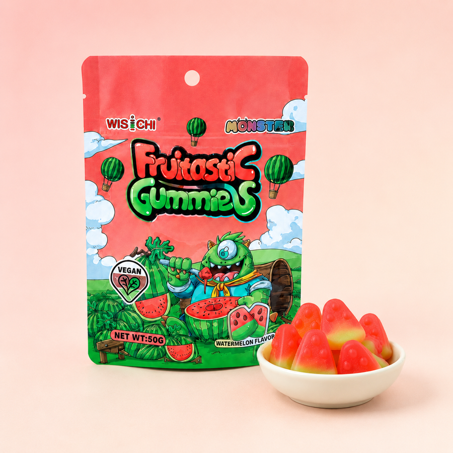 A stand-up pouch of Wisichi Fruitasi Gummies, watermelon flavor, shown next to a small white bowl filled with red and yellow gummy candies on a soft pink background.