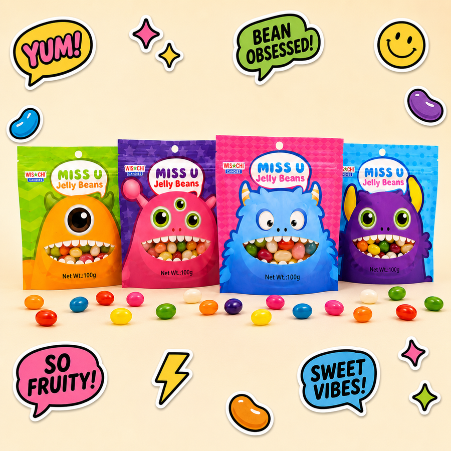 Four bags of Miss U Jelly Beans in colorful monster-themed packaging are lined up on a light beige background with scattered jelly beans and playful speech-bubble graphics.