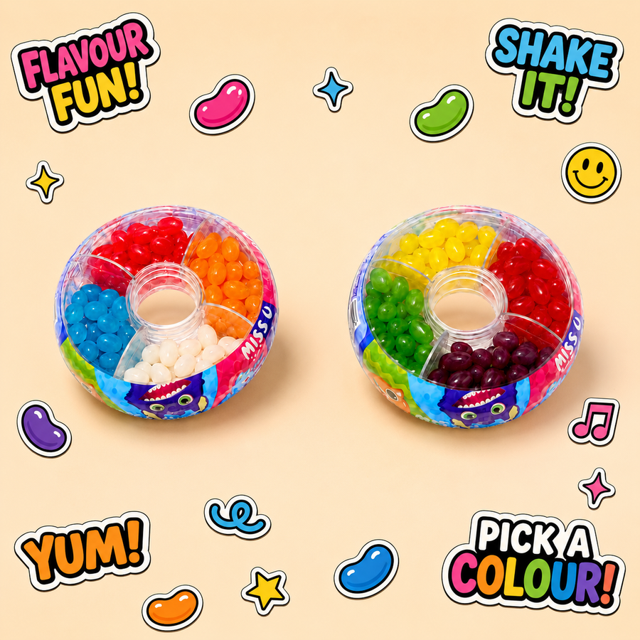 Two round clear plastic candy bins filled with assorted colorful jelly beans, shown on a light beige background with playful text and candy icons reading 'Flavour Fun!', 'Shake It!', 'Yum!', and 'Pick a Colour!'.