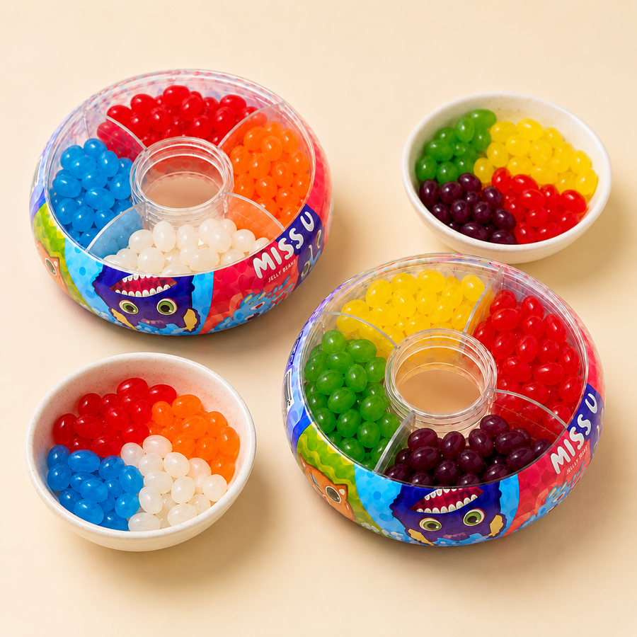 Two round, colorful plastic containers filled with assorted translucent gel beads, shown alongside four small white bowls containing subsets of the same beads. The containers have a playful monster-face design and the text 'MISS U' visible on the front.