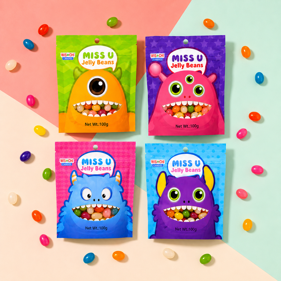 Four bags of WISCHI Miss U Jelly Beans arranged in a 2x2 grid on a pastel geometric background, with scattered jelly beans around them. The bags feature colorful monster illustrations in green, orange, pink, and blue, with the product name clearly visible.