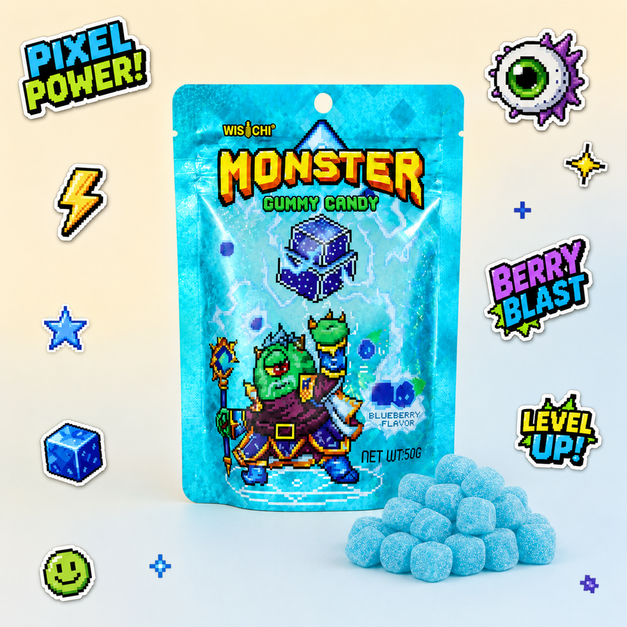 A stand-up pouch of pixel-art style Monster Gummy Candy in Blueberry flavor, shown with several blue gummy candies in front on a light beige background. Pixel-style decorative graphics surround the package.