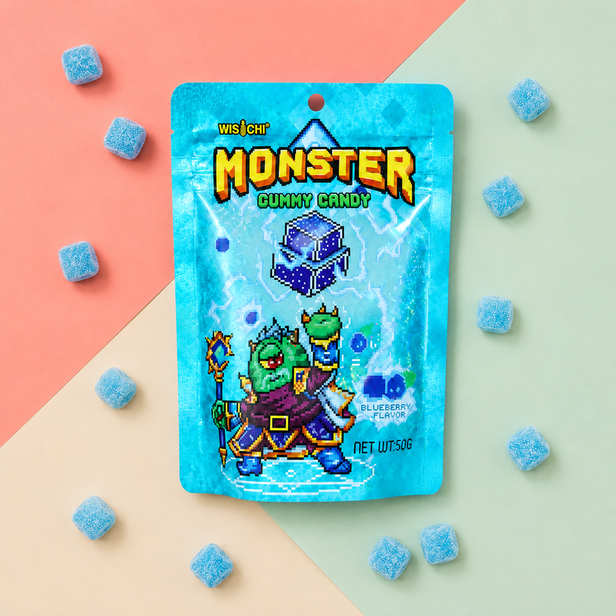 A blue bag of Wischi Monster Gummy Candy is shown on a pastel diagonal background with scattered blue gummy candies around it. The package features pixel-art graphics of a green monster and the text 'WISCHI MONSTER GUMMY CANDY' and 'BLUEBERRY FLAVOR'.