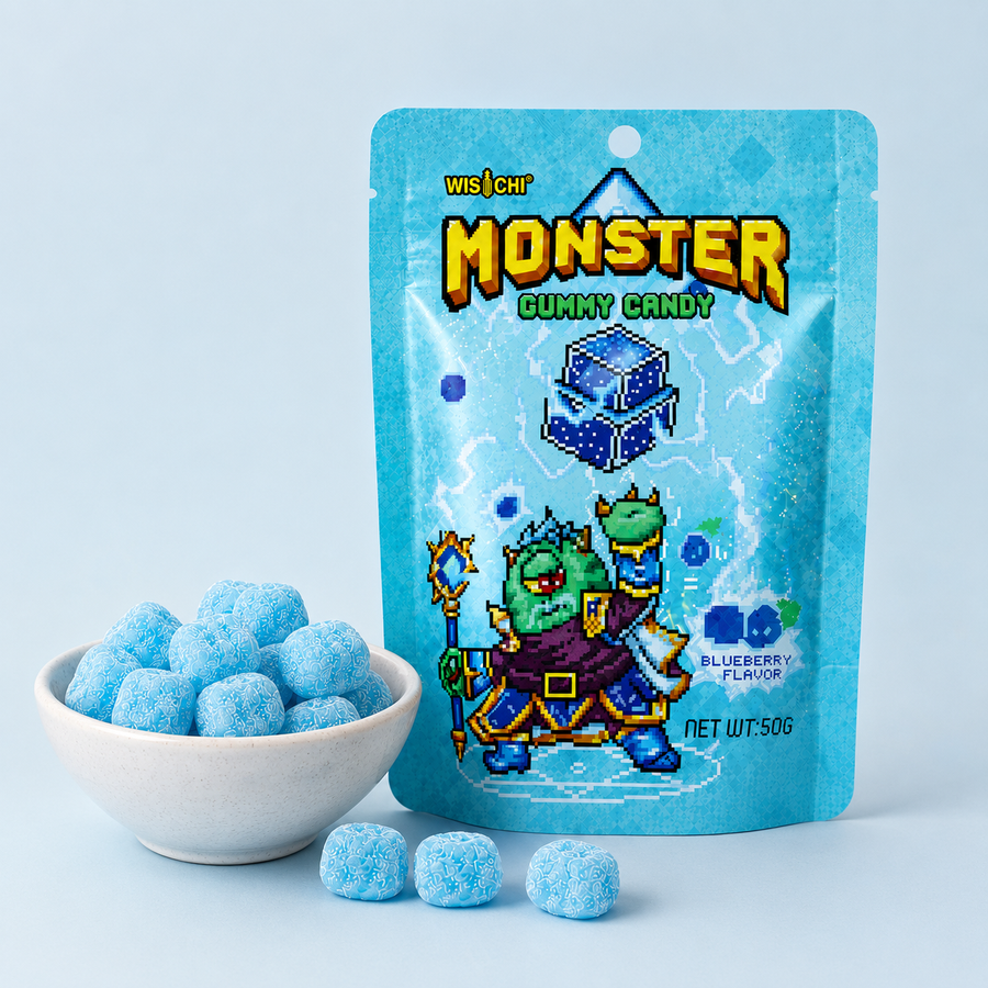 A stand-up pouch of Wischi Monster Gummy Candy in blueberry flavor, shown next to a small white bowl filled with blue sugar-coated gummies and three loose gummies in front, on a light blue background.