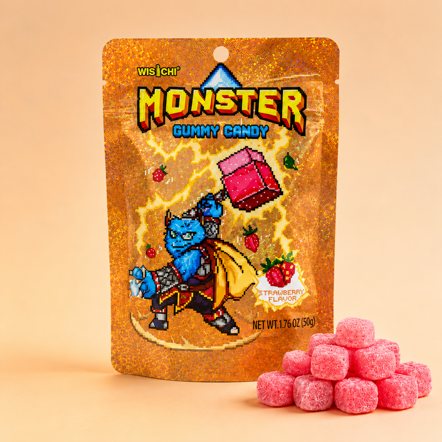 A stand-up pouch of Wischi Monster Gummy Candy with a gold glitter background and pixel-art blue monster character, shown with several pink sugar-coated gummies in front on a warm beige studio background.