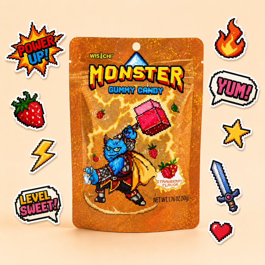 A stand-up pouch of Wischi Monster Gummy Candy with a blue cartoon monster and strawberry graphics, centered on a beige background with colorful pixel-art style decorative stickers around it.