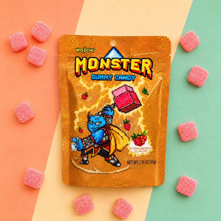 A stand-up pouch of Wischi Monster Gummy Candy with a blue goblin character and strawberry flavor illustration, surrounded by scattered pink sugar-coated gummy candies on a pastel peach, cream, and mint background.