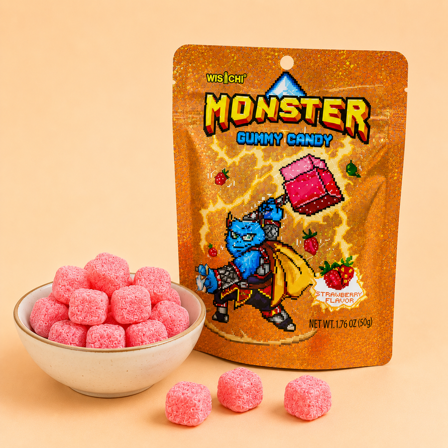 A stand-up pouch of Wischi Monster Gummy Candy in strawberry flavor, shown next to a small white bowl filled with pink sugar-coated gummies and three loose gummies on a warm beige background.