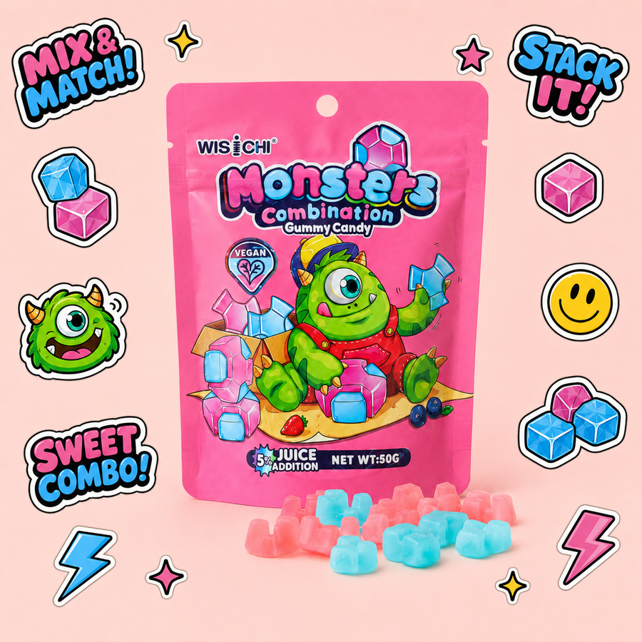 A pink stand-up pouch of Wisichi Monsters Combination Gummy Candy with several loose gummy candies in front, set on a light pink background with colorful decorative stickers and text including 'Mix & Match!', 'Stack It!', 'Sweet Combo!', and 'Vegan'.