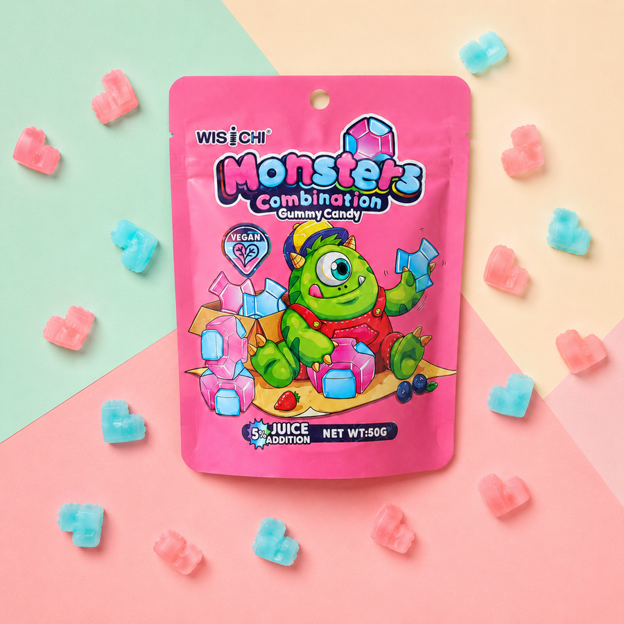 A pink stand-up pouch of Wisichi Monsters Combination Gummy Candy, featuring a green monster character on the front, surrounded by scattered pink and blue heart-shaped gummy candies on a pastel geometric background.