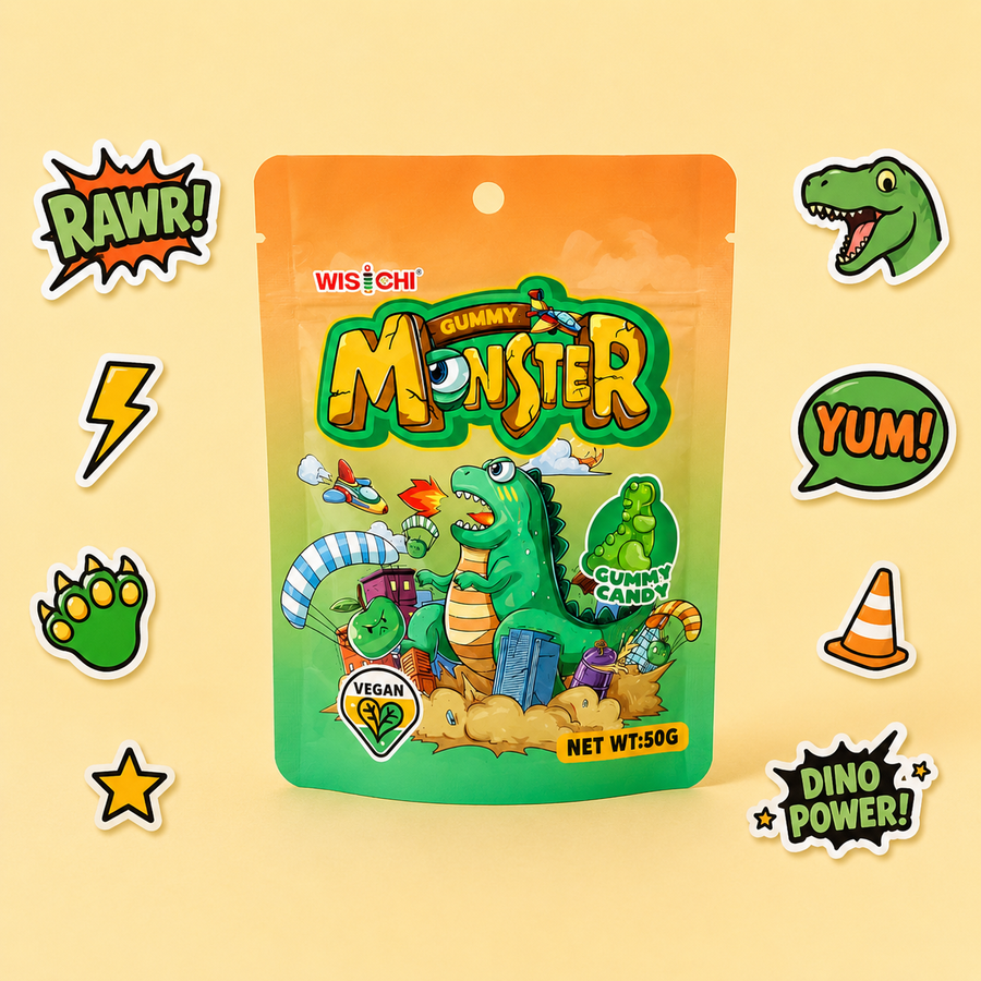 A stand-up pouch of Wis+chi Gummy Monster Gummy Candy, featuring a colorful cartoon dinosaur design on a yellow-to-green gradient background. The pouch is centered on a pale yellow background with various dinosaur-themed stickers (T-Rex head, paw print, lightning bolt, speech bubbles reading 'YUM!' and 'DINO POWER!', and a star) arranged around it.