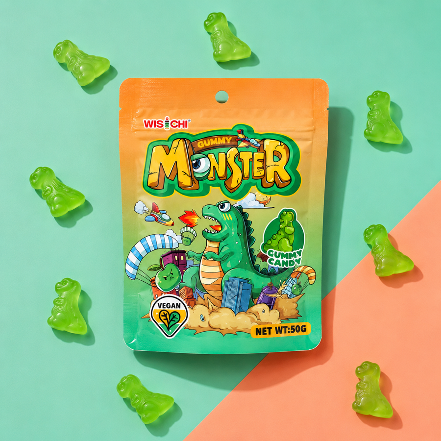 A stand-up pouch of Wischi Gummy Monster vegan gummy candy is displayed on a split mint green and peach background, surrounded by scattered translucent green gummy bears.