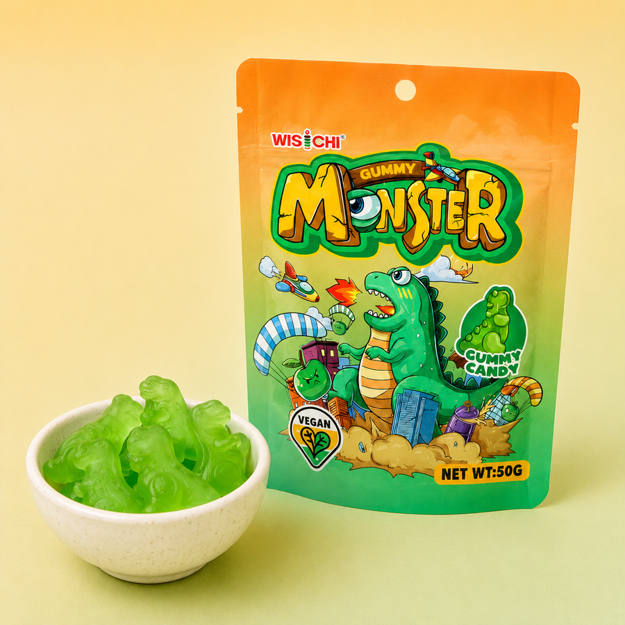 A 50g bag of Wischi Gummy Monster vegan gummy candy next to a small white bowl filled with translucent green gummy bears, set against a soft yellow background.