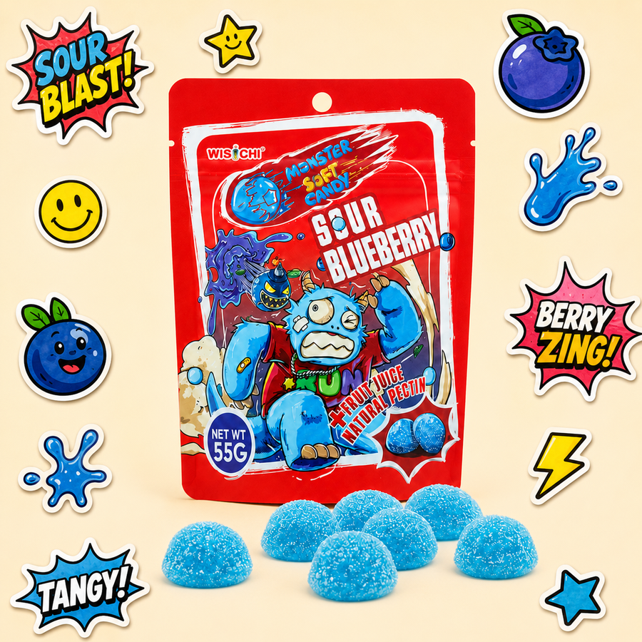 A package of Wes & Co Sour Blueberry candy is shown with several blue gummy candies in front, surrounded by colorful comic-style sticker graphics on a light beige background.
