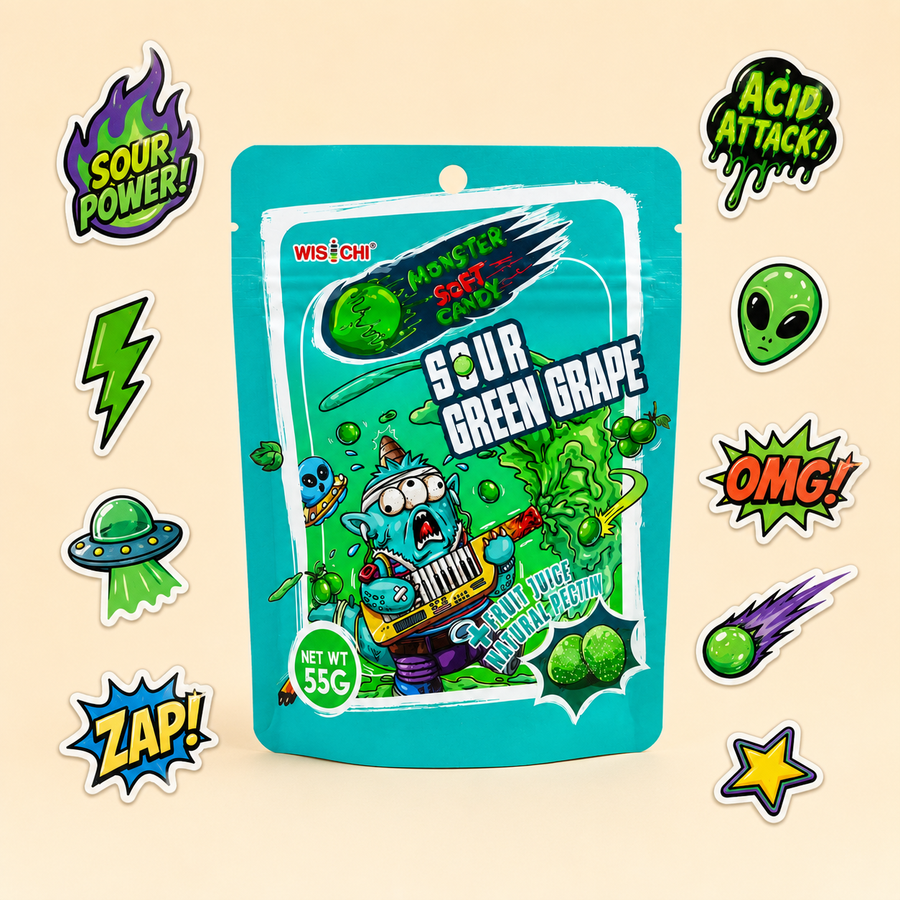 A 55g pouch of Wisichi Monster Sour Green Grape candy is centered on a light beige background, surrounded by colorful graphic stickers including 'Sour Power!', 'Acid Attack!', 'OMG!', 'Zap!', and alien and lightning motifs.