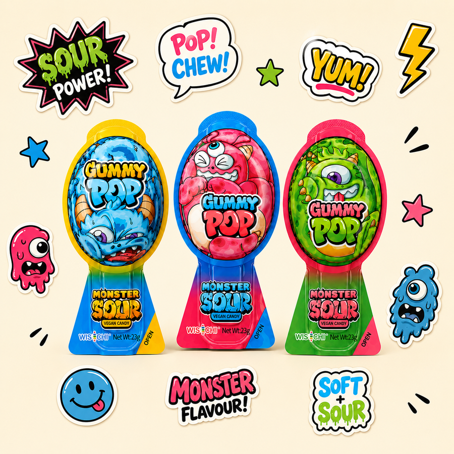 Three Monster Sour Gummy Pop candy packages arranged on a light beige background with colorful cartoon stickers and text badges around them. The packages feature blue, pink, and green monster faces with 'Gummy Pop' and 'Monster Sour' branding.