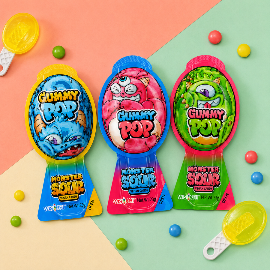 Three Monster Sour Gummy Pop candy bags lined up on a pastel geometric background, with loose colorful candies scattered around. The bags feature cartoon monster faces in blue, pink, and green.