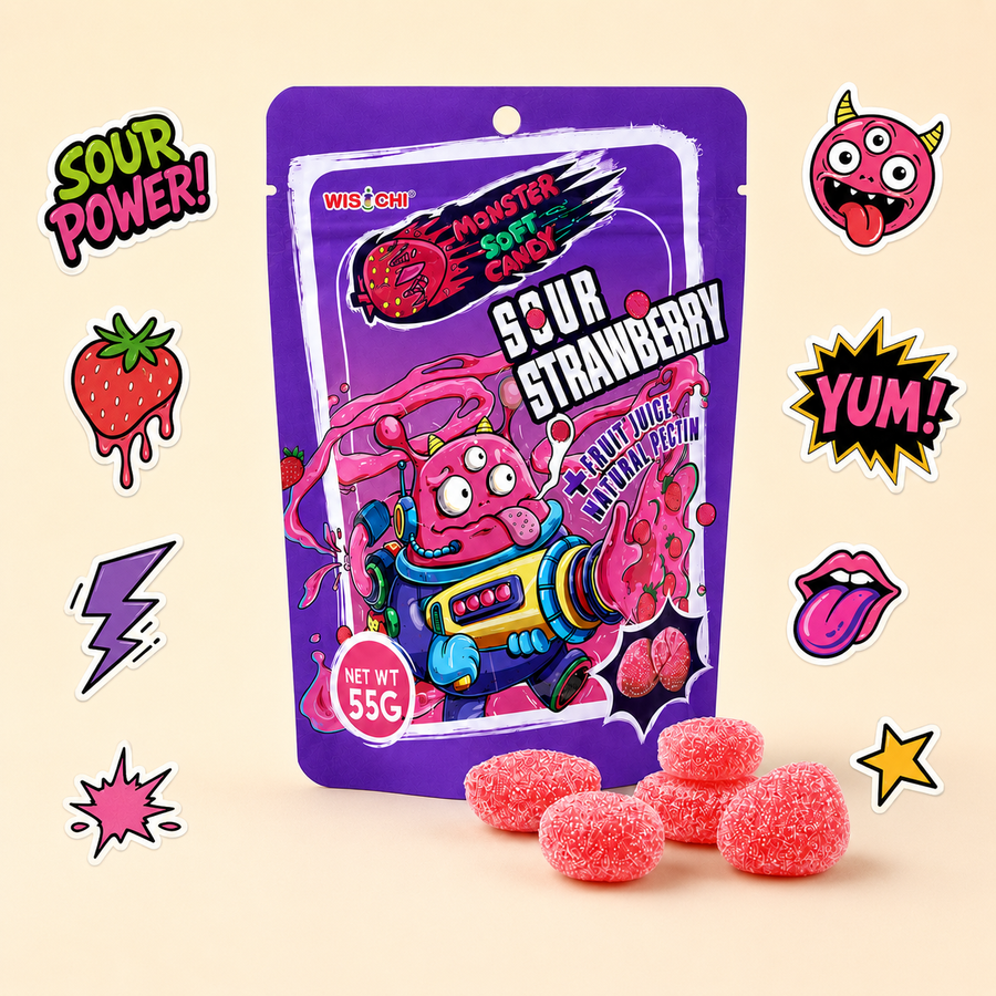 A purple bag of Wisentari Sour Strawberry Monster Soda Candy is shown on a light beige background with several pink sugar-coated gummy candies in front. The packaging features a colorful cartoon character and comic-style text stickers including 'SOUR POWER!', 'Strawberry', 'YUM!', and 'Lips'.
