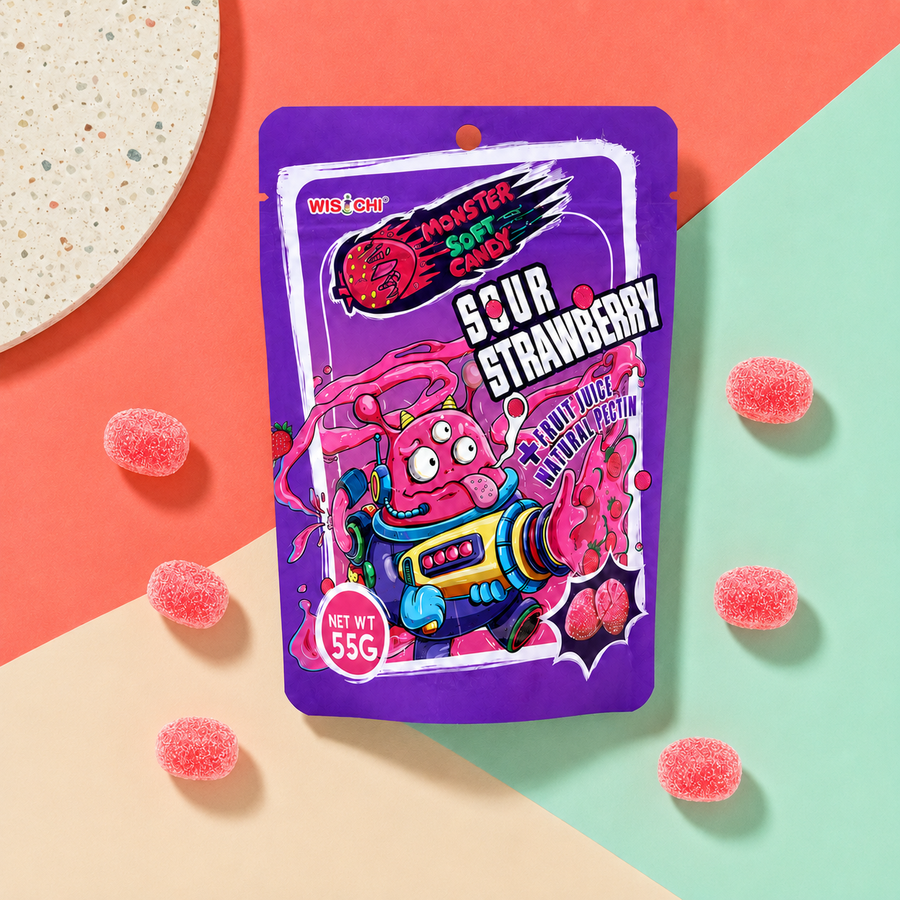 A purple stand-up pouch of Wozzyz Monster Sour Candy, flavor Sour Strawberry, displayed on a geometric background of coral, beige, and mint green with scattered pink sour gummy candies.