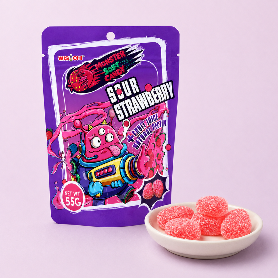 A purple stand-up pouch of WisLicht Sour Strawberry Monster Gummy Candy stands next to a small white dish holding several pink gummy candies on a light pink background.