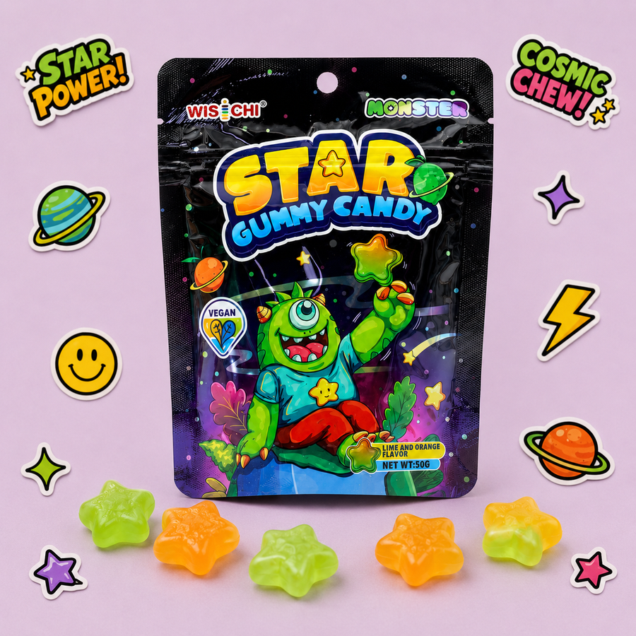 A stand-up pouch of Wis & Chi Monsters Star Gummy Candy with a cartoon green alien on the front, shown on a light pink background with colorful star-shaped gummies and decorative stickers around it.