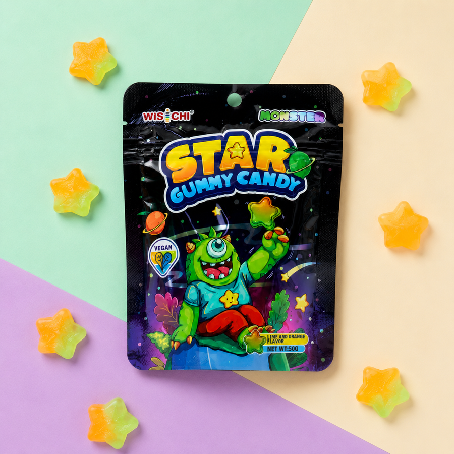 A package of Wischi Monster Star Gummy Candy is displayed on a diagonally split pastel background with scattered star-shaped gummy candies.