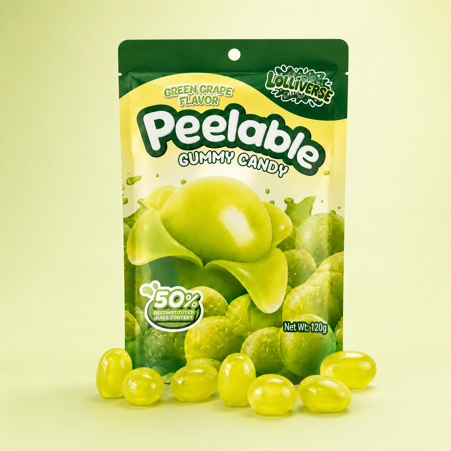 A bag of Lolliverse Peelable Gummy Candy in green grape flavor, shown on a pale yellow-green background with several translucent yellow-green gummies placed in front of the package.