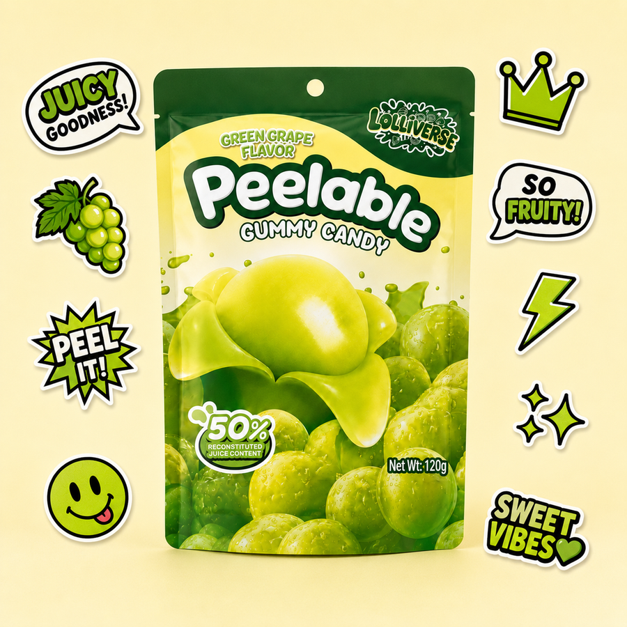 A stand-up pouch of Peelable Gummy Candy in green grape flavor, shown centered on a pale yellow background with decorative sticker-style graphics around it. The package is dark green at the top with a large yellow-to-white gradient center and a photo of glossy green gummies and grapes on the front.