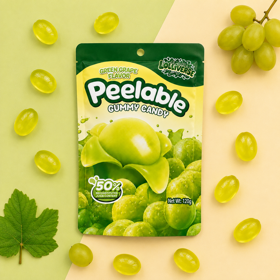 A bag of Peelable Gummy Candy in green grape flavor, surrounded by translucent green grape-shaped gummies and grape leaves on a split green and pale yellow background.