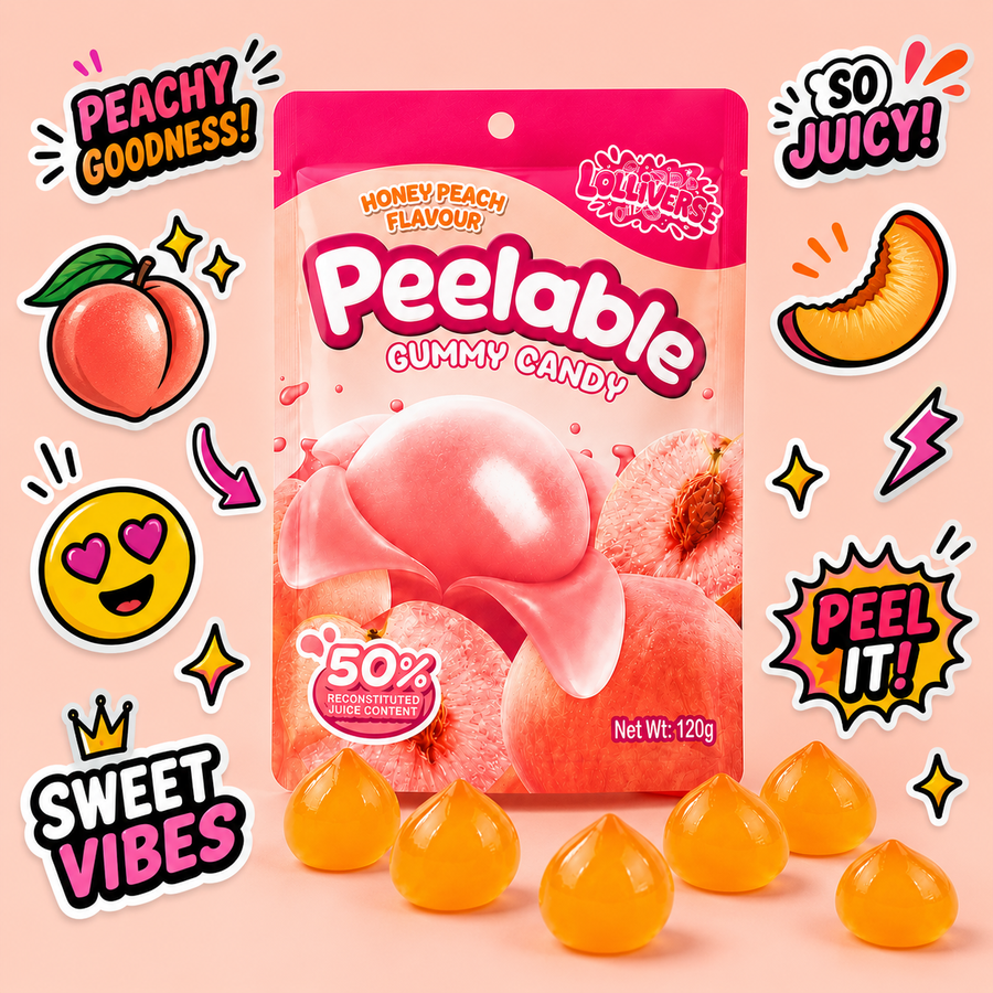 A bag of Peelable Gummy Candy in Honey Peach Flavour, surrounded by decorative peach-themed stickers and several loose peach-shaped gummies on a light peach background.