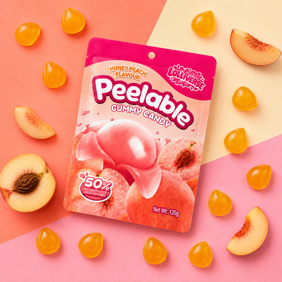 A bag of Peelable Honey Peach Flavour Gummy Candy is displayed on a diagonally split pink and beige background, surrounded by scattered peach slices and translucent orange-yellow gummy candies. The packaging features a bright pink and peach gradient with the brand name 'Peelable' in large white letters.