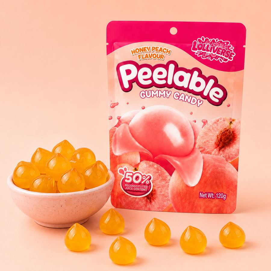 Peelable Gummy Honey Peach with bowl of the gummies.