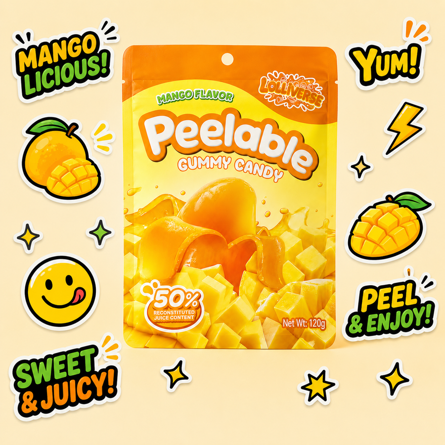 A package of Peelable Gummy Candy in Mango Flavor, surrounded by decorative stickers and text overlays including 'Mango Licious!', 'Yum!', 'Sweet & Juicy!', and 'Peel & Enjoy!' on a light beige background.