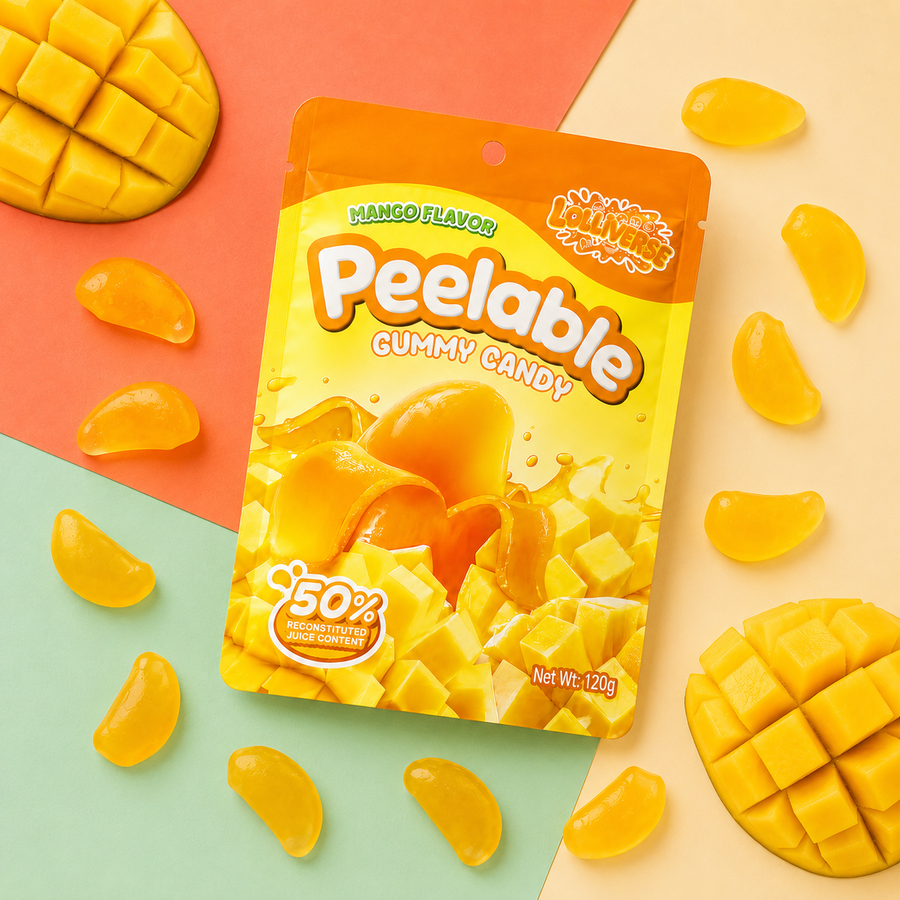 A package of Peelable Mango Flavour Gummy Candy is displayed on a colorful, diagonally divided background of orange, beige, and mint green. The package is surrounded by scattered translucent yellow gummy candies and decorative sliced mangoes.