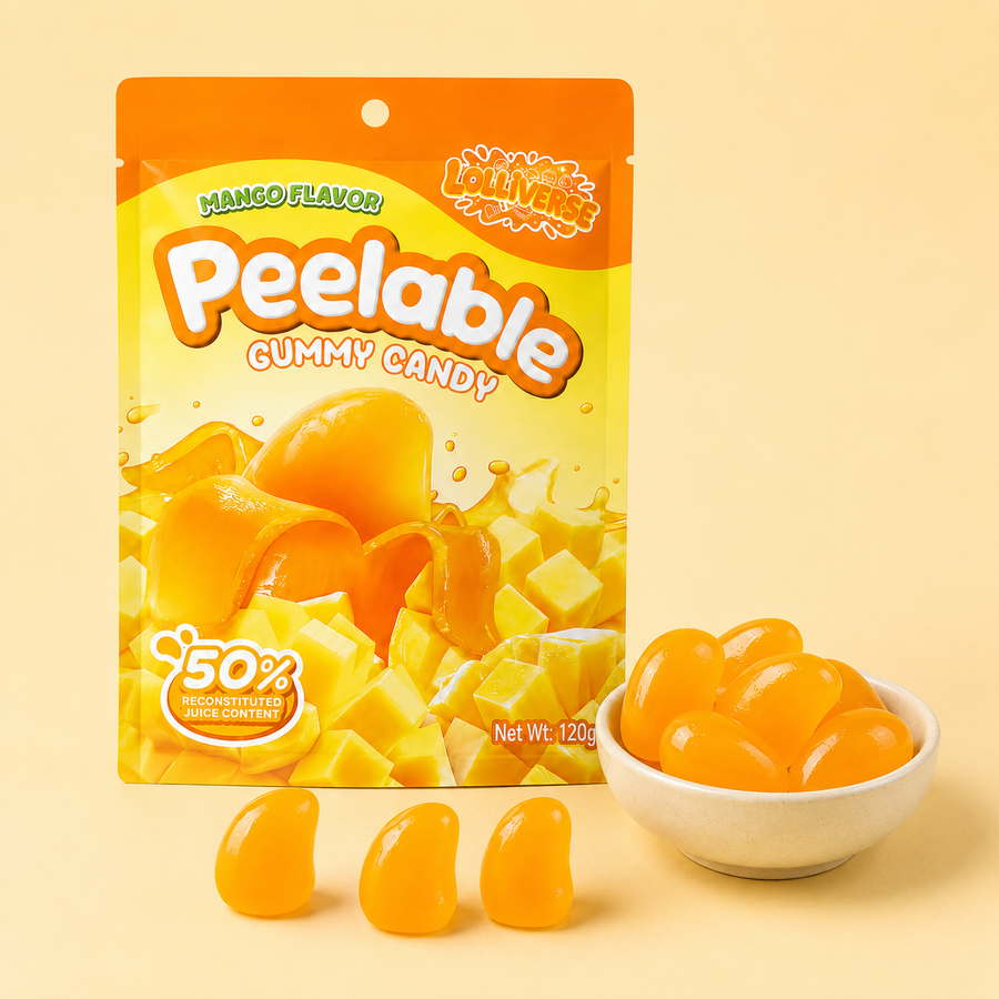 A bag of Peelable Gummy Candy in mango flavor sits on a warm beige background, with three gummies placed in front and a small white bowl filled with orange-yellow gummies to the right. The package shows the brand name Peelable and flavor text 'Mango Flavor'.