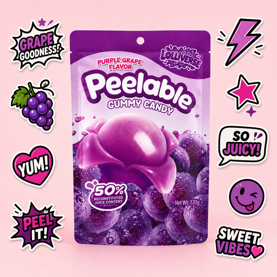 A stand-up pouch of Peelable Gummy Candy in grape flavor, shown on a light pink background with decorative sticker-style graphics around it. The package is predominantly purple and pink, with large 'Peelable' branding and imagery of glossy purple gummy candies and grape clusters.
