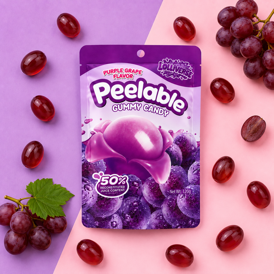 A bag of Peelable Gummy Candy in Purple Grape flavor, styled in a flat-lay with real grapes on a split purple and pink background.