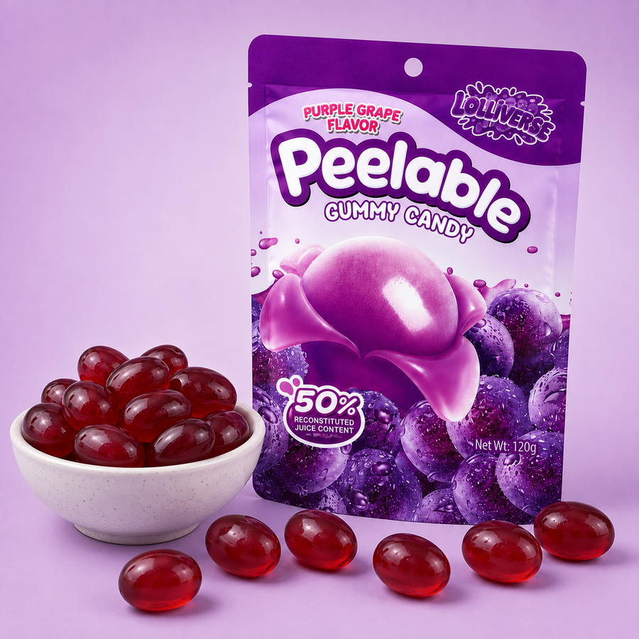 Peelable Gummy Candy in purple grape flavor, shown in a purple stand-up pouch with a white bowl of red translucent gummies and several loose gummies in front on a lavender background.